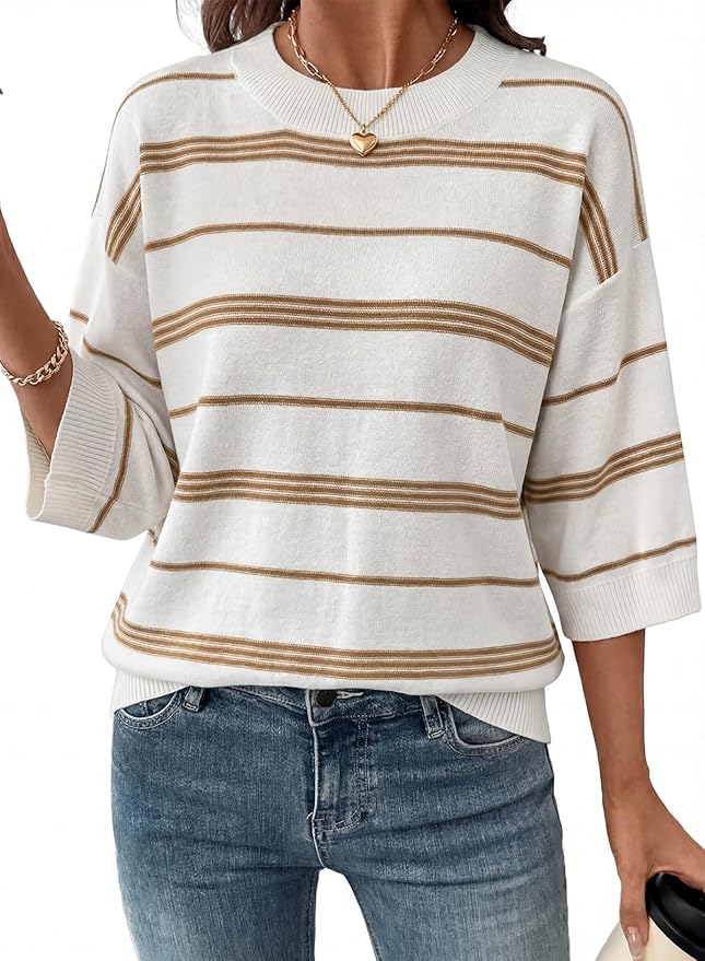 Dokotoo 3/4 Sleeve Striped Crewneck Pullover